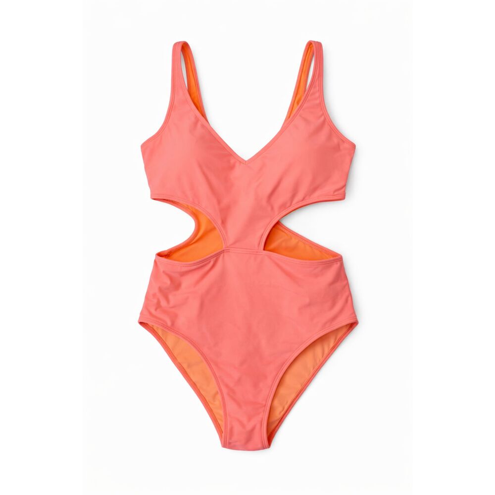 Aerie Coral Cut Out One Piece Swimsuit L High Leg Scoop Neck Resort